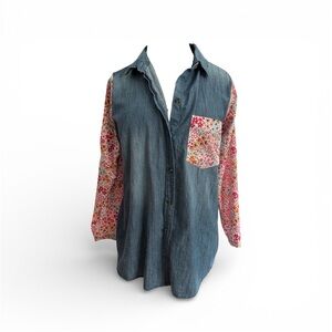 Upcycled Floral Denim Button-Up Shirt